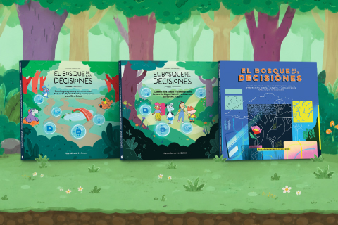 Las tres portadas de la colección El Bosque de las Decisiones, para Nivel Inicial, Primario y Secundario
