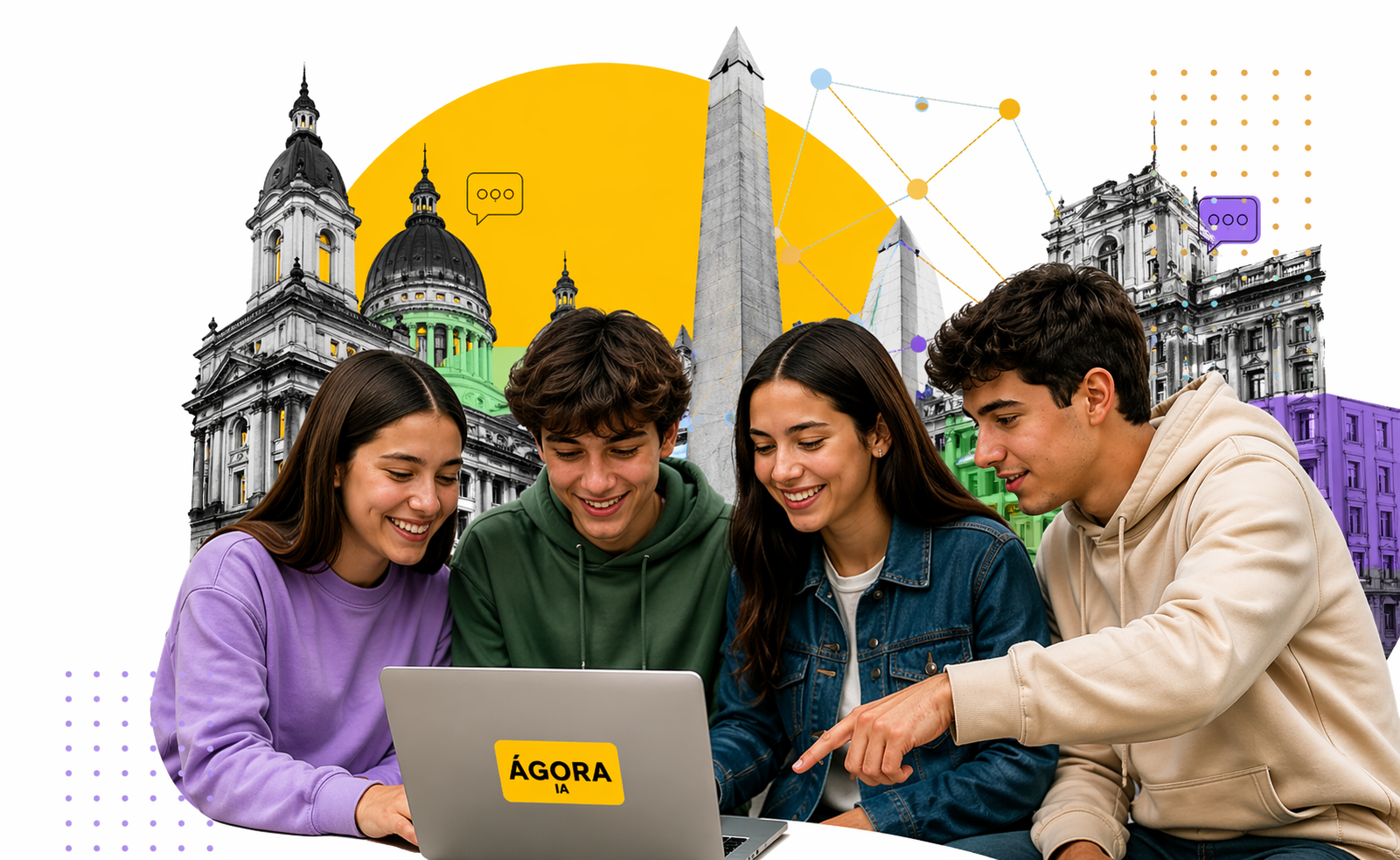 Estudiantes trabajando con la notebook de Ágora IA, con la Ciudad de Buenos Aires de fondo