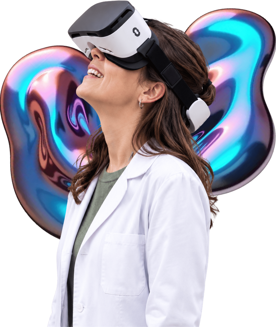 Una docente con guardapolvo mirando hacia arriba mientras usa un visor de realidad virtual